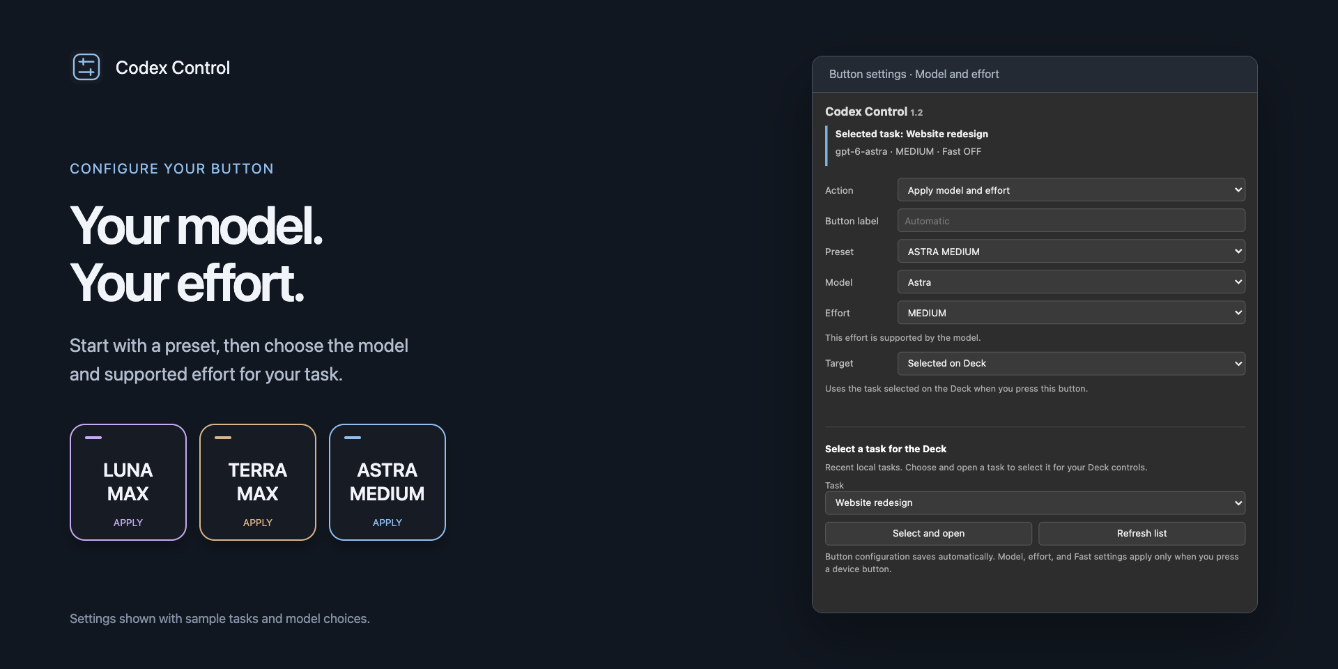 Codex Control English settings showing configurable model, effort, and task selection with sample data.